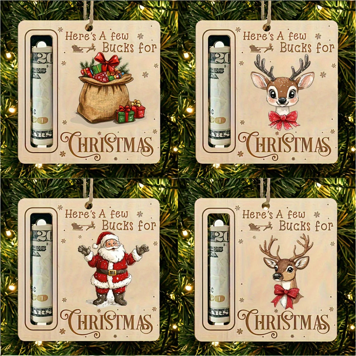 4/12pcs Christmas Gift Money Holder Ornament -Wooden Festive Tree Accessory with Santa,Reindeer Design,Christmas Party Ornaments