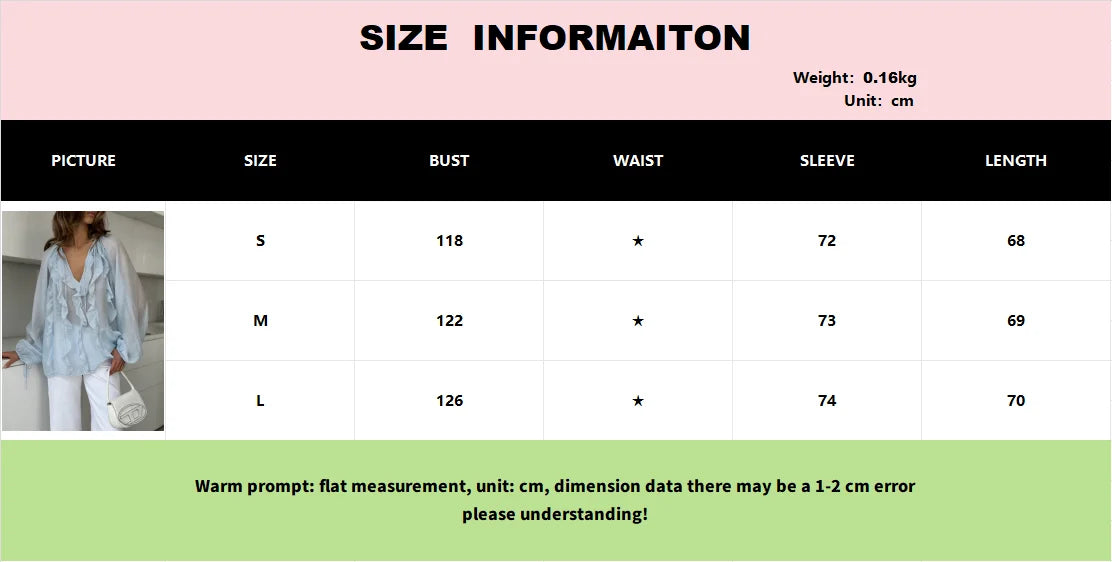 Elegant Ruffles V-Neck See-Through Patchwork Loose Blouses For Women Casual Solid Long Sleeve Female Summer Shirt Blouse Top