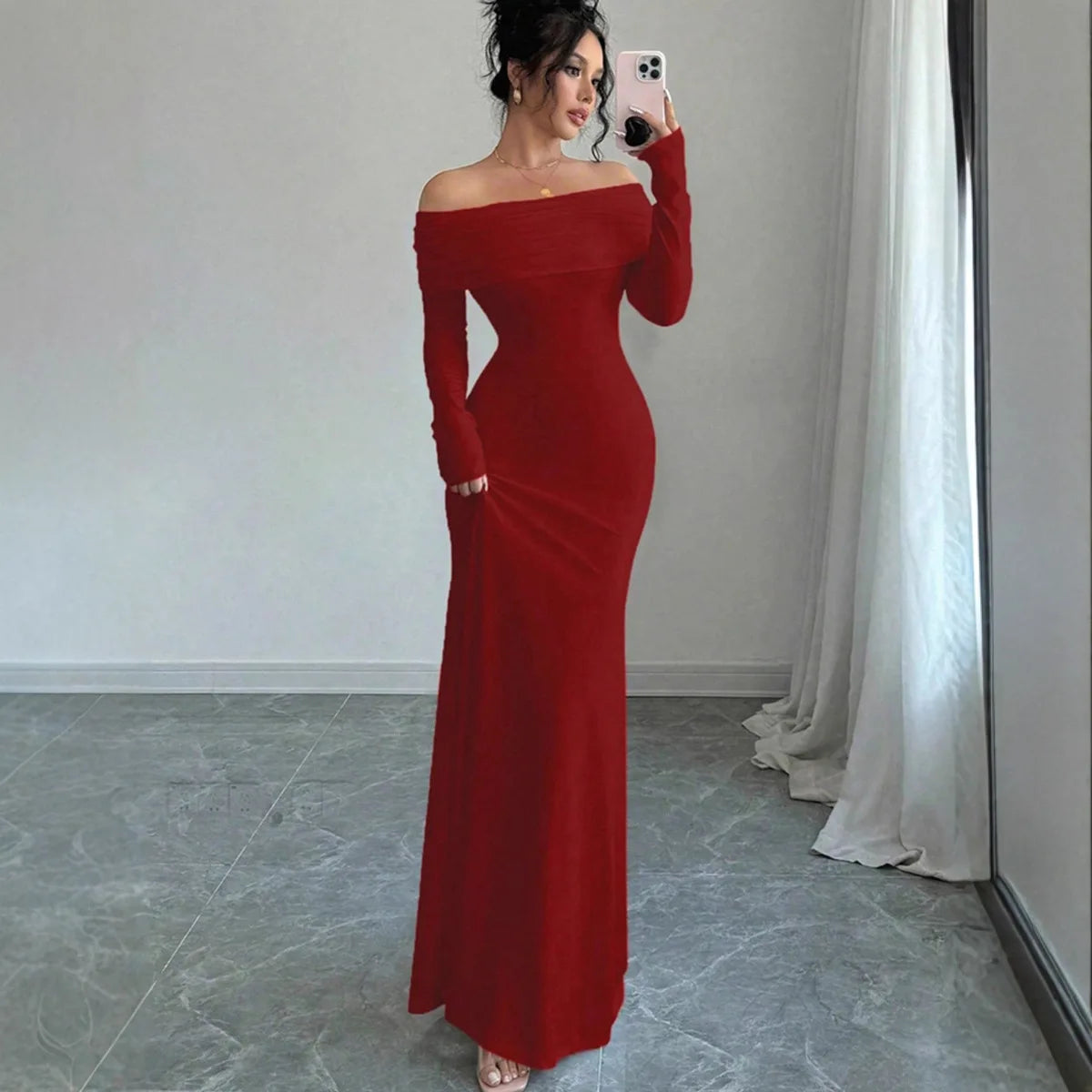 New arrival elegant women for spring season. Elegant long dress featuring a chic one-shoulder (slash neck)