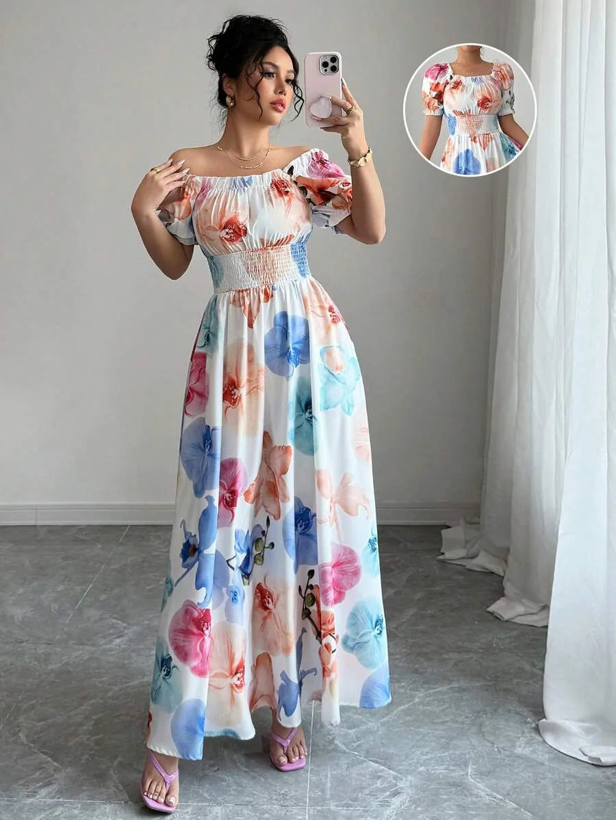 BKLD Women Clothing Summer Floral Print Dress Short Sleeve Square Collar Beach Holiday Outfits Waist Ruched Long Dresses Party