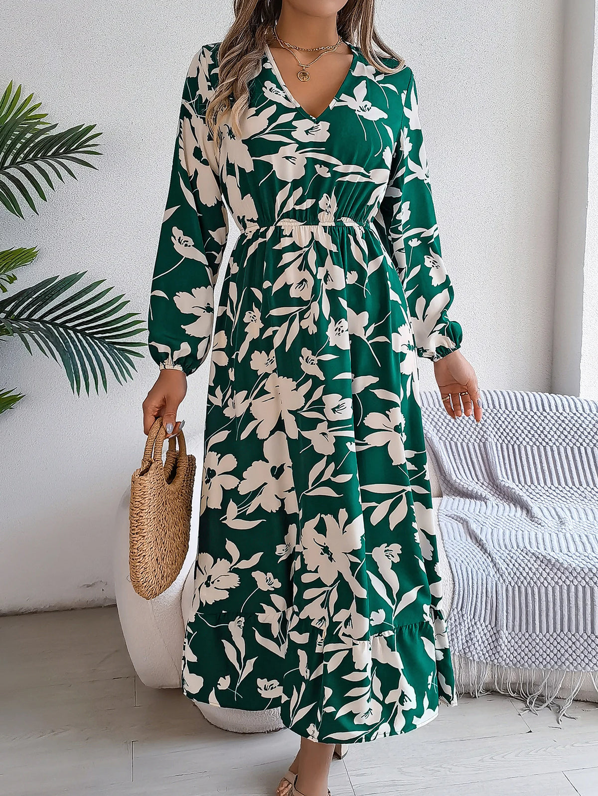 Spring Autumn Elegant V Neck Floral Print Dress 2026 Fashion Lantern Long Sleeve Ruffled Edge Maxi Dresses for Women Streetwear