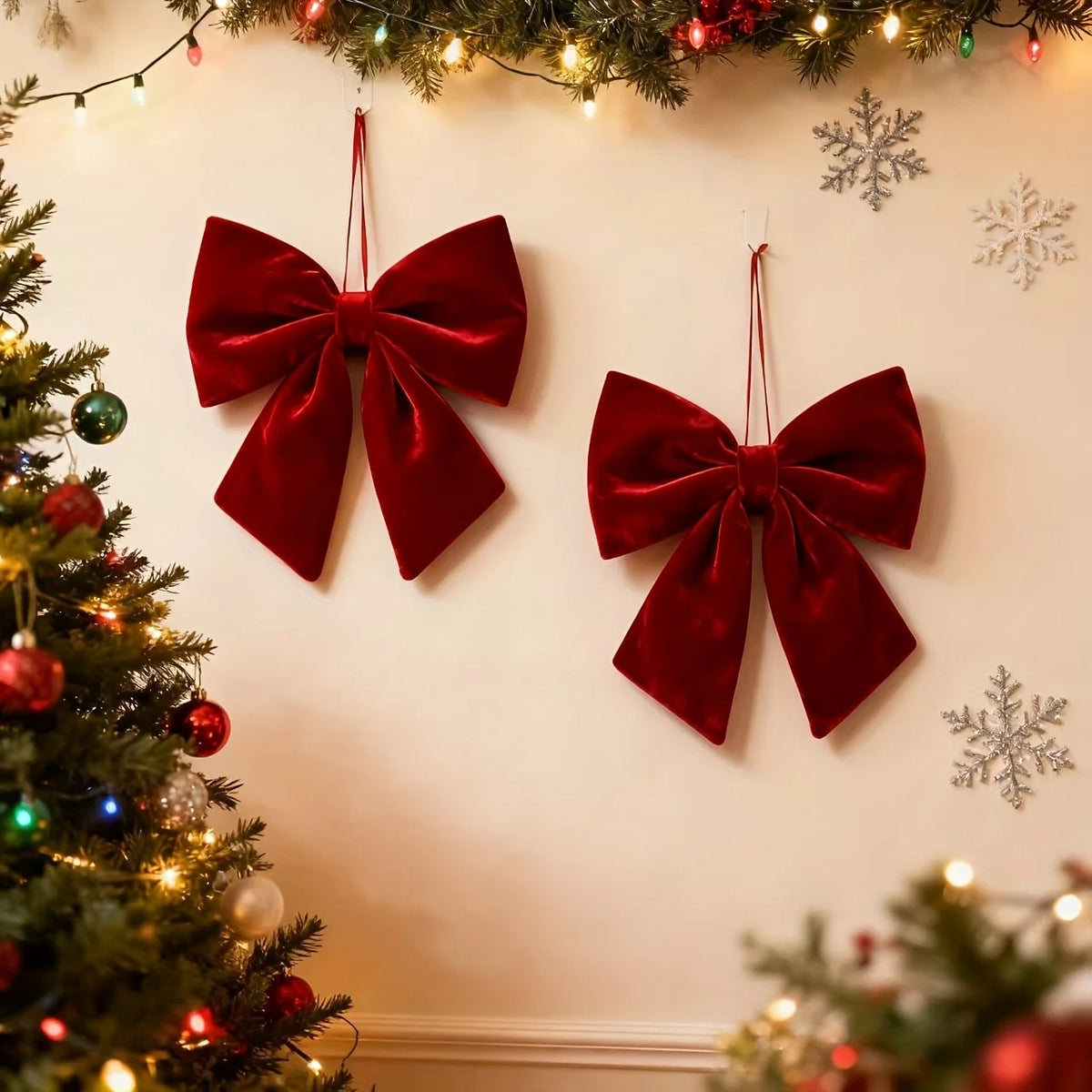1PC Christmas Wreath Red Velvet Bows Xmas Tree Ornaments Hanging Pendant Large Bowknot for Wedding Festive Home Party Decoration