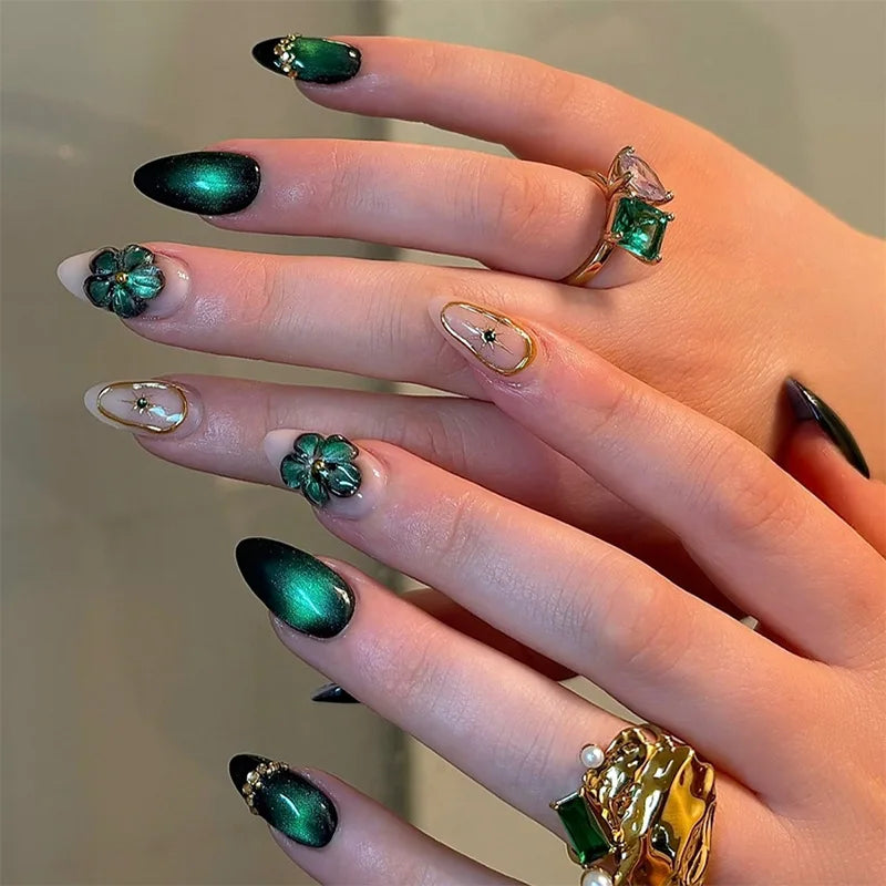 24Pcs French Flowers Pattern Almond Simple False Nails Set with Gloden Stripes Designs Detachable Finished Nails with Jelly Glue