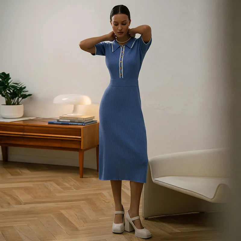 Women's White Knit Maxi Dress Elegant Short Sleeve Patchwork Bodycon Party Dress Casual Lapel High Waist Fashion Autumn Knitwear