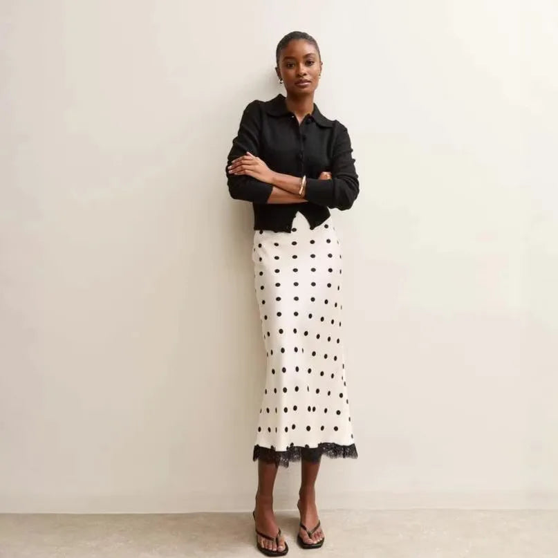 Elegant Polka Dot Skirt For Women Casual High Waist Satin Silk Patchwork Lace Midi Skirts 2026 Y2k Vintage Female Streetwear