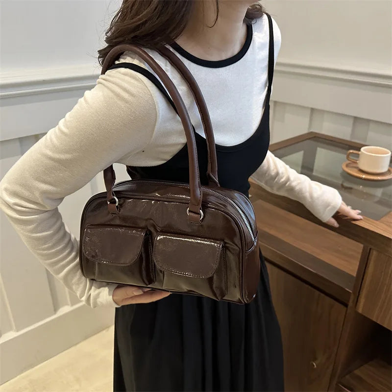 Retro Women's Satchel Hobo Bag PU Leather Shopping Bag Fashion Solid Designer Armpit Bag Casual Double Pocket Hand Underarm Bag