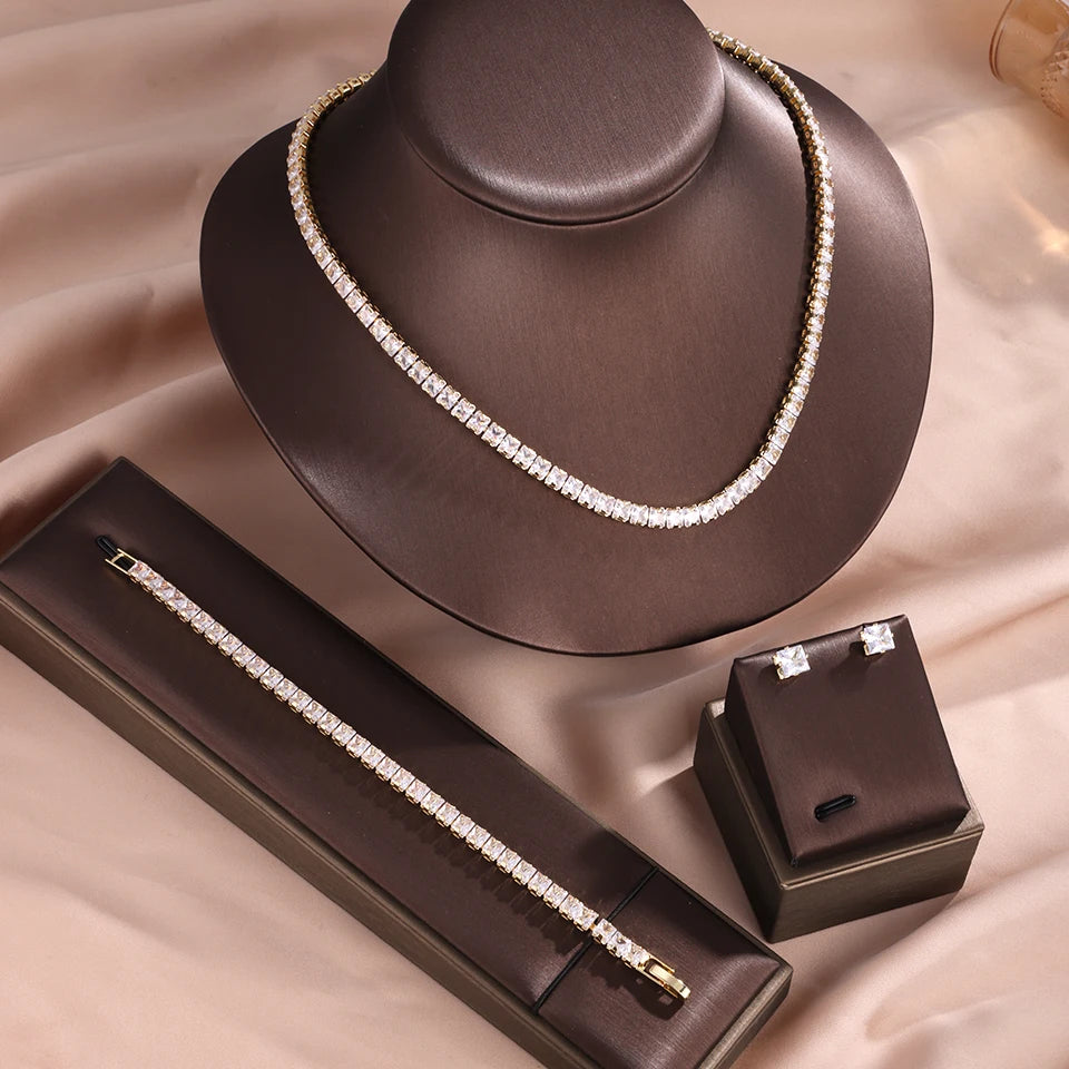 ZAKOL 3pcs/set Classic Square AAA Zircon Tennis Bracelet Necklace Earrings Set Shiny Crystal CZ Bridal Wedding Jewelry Sets