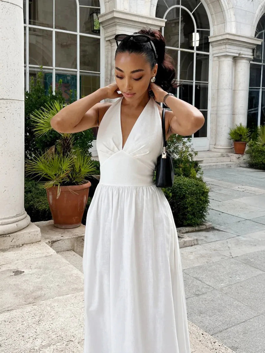 BKLD Pure Cotton Long Dresses 2026 Spring Summer High Waist V-Neck Lace-Up Maxi Dress Party Clubwear Solid Color Women Clothing