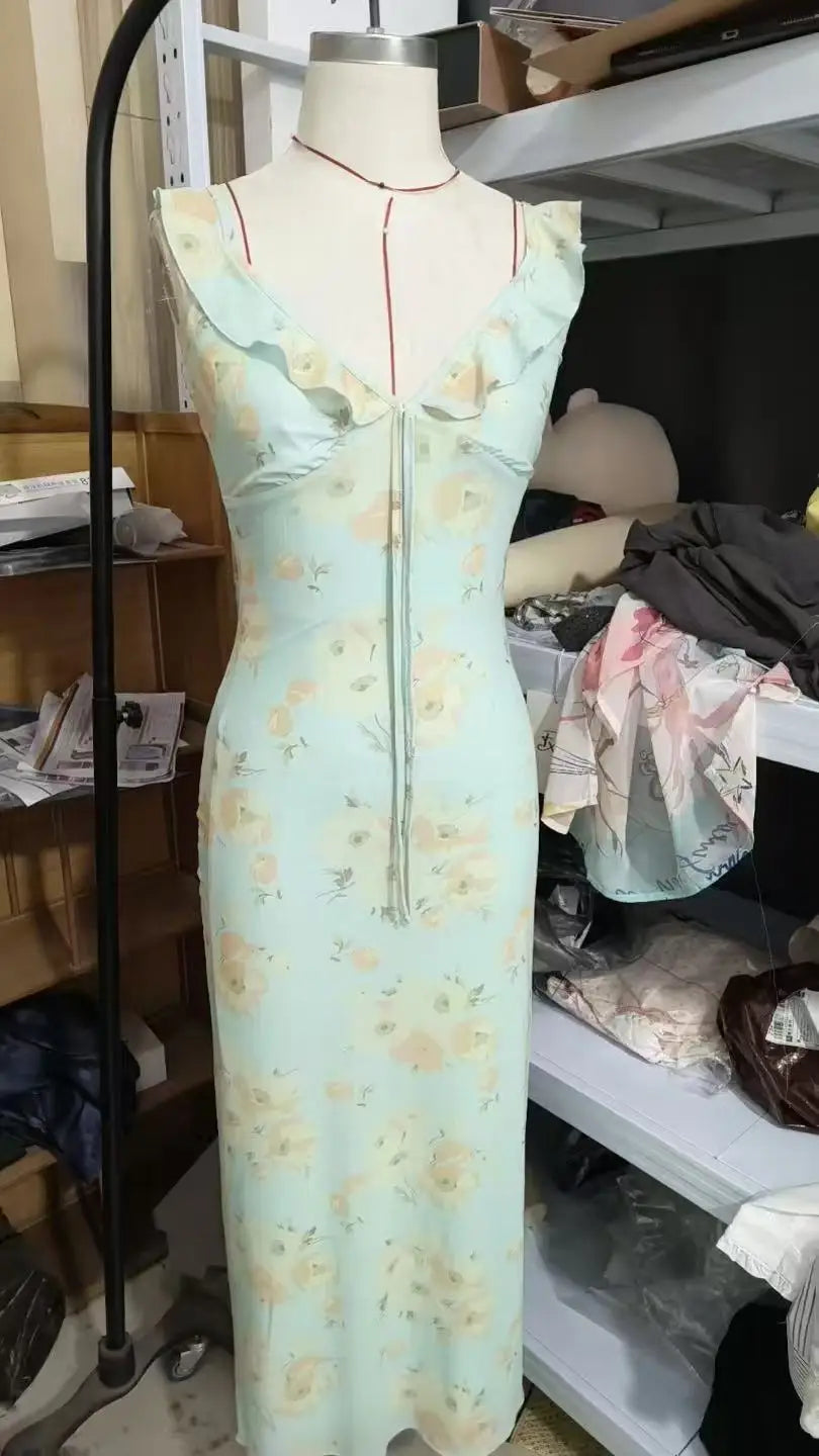 Elegant Summer Print Floral Dress Women V-neck Slim Ruffles Sleeveless Backless Long Dresses 2026 Beach Vacation Lady Vestidos