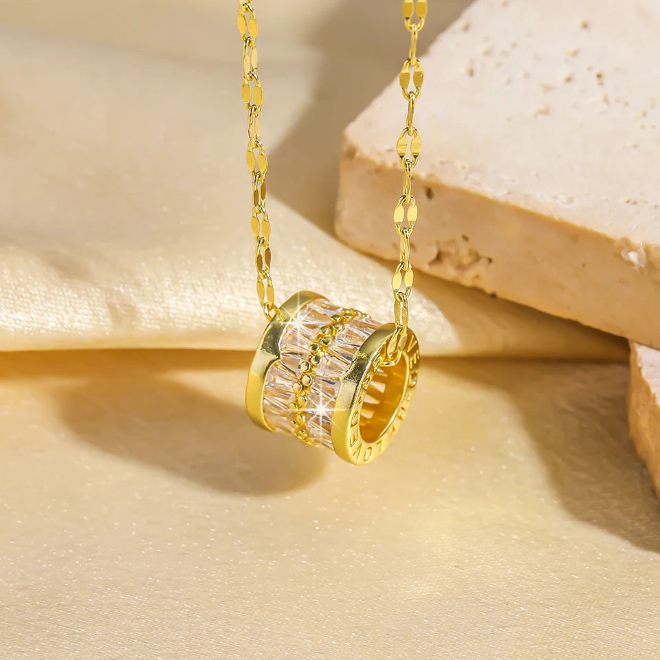 ZAKOL Y2K Stainless Steel Round Pendant Necklace For Women Girls Korea Style Beautiful Gold Color Metal Crystal Jewelry On Neck