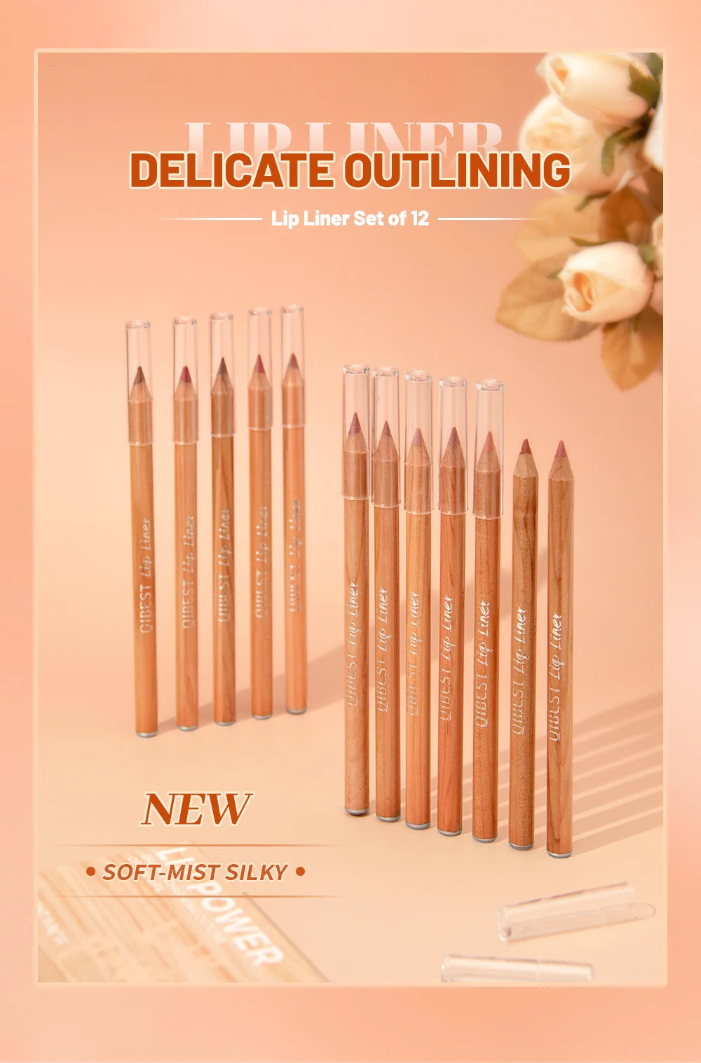QIBEST Lip Liner Pencil Contour Matte Lipstick Pens Smudge Proof Silky Lipliner Not Easy Fade Outline Sculpt Lipliner Makeup Set