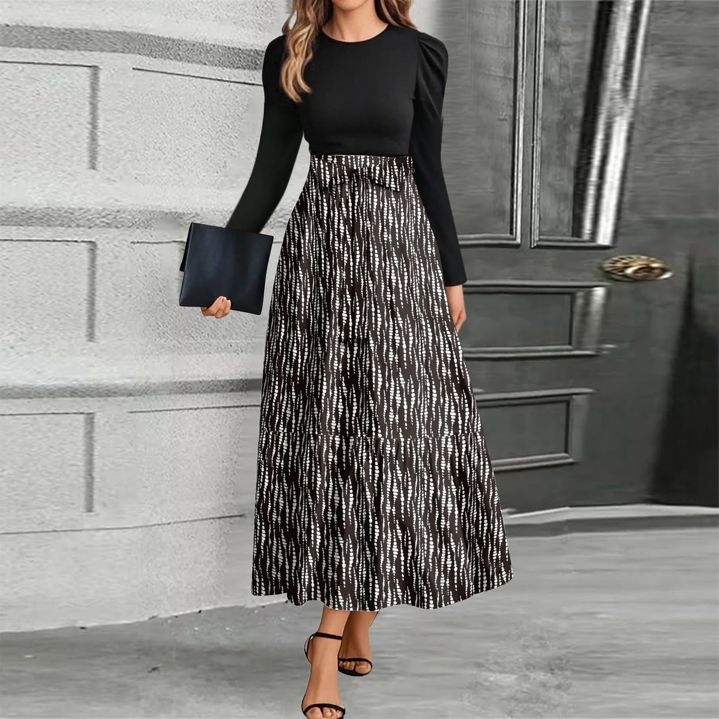 Printed High-Waist Long Sleeve Maxi Dress – O-Neck 2026