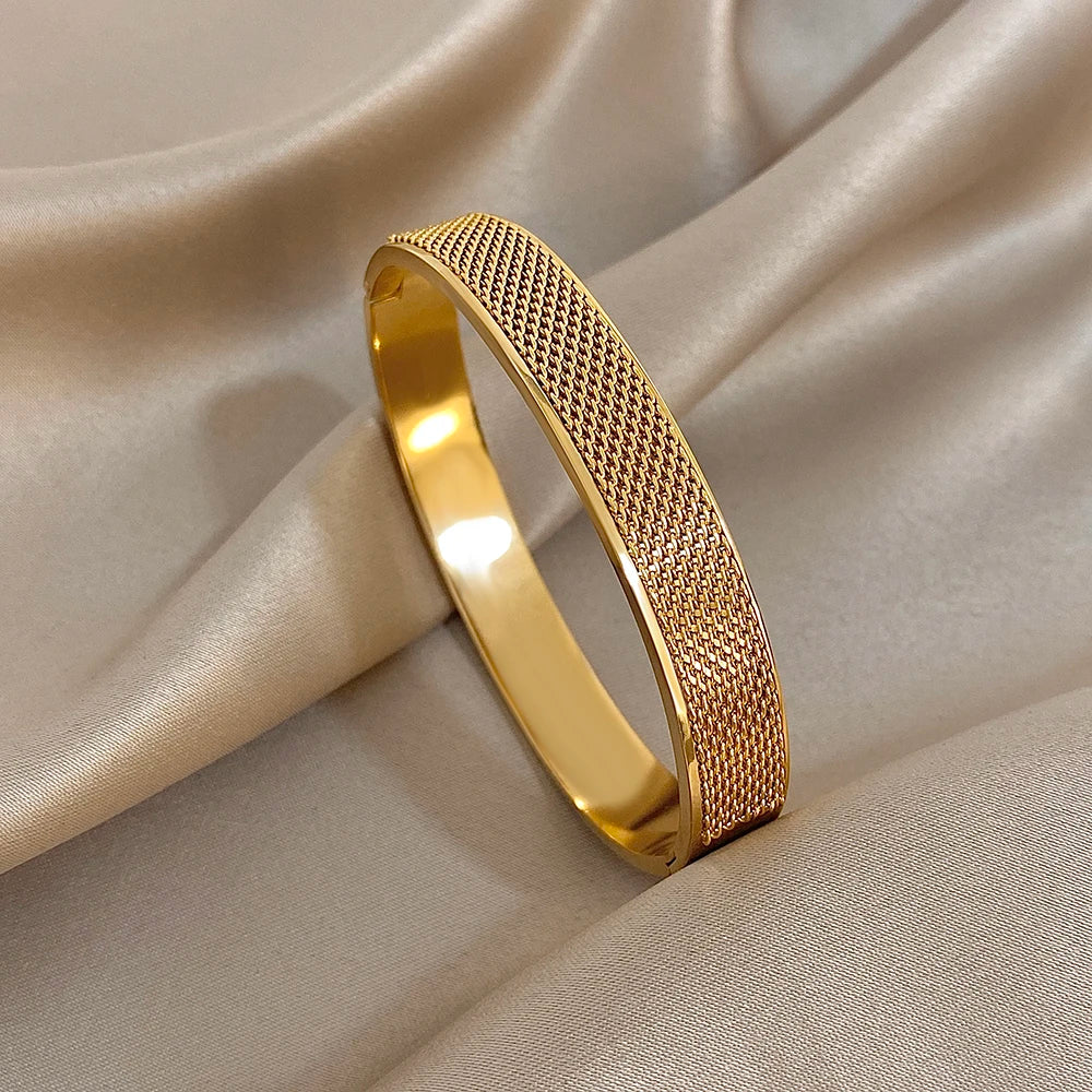 FLASHBUY Trendy Chic Gold Color Simple 316L Stainless Steel Bangles Bracelets for Women Charm Zircon Waterproof Jewelry Gift