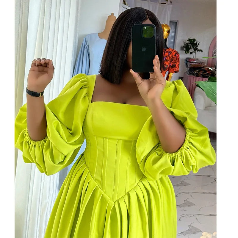 BKLD Elegant Square Collar Lantern Sleeve Solid Color Sexy A-Line Long Dresses Spring Women Club Outfits Birthday Party Vacation