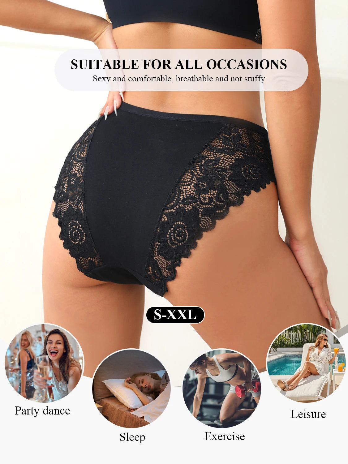 2PCS Classic Elegant Black White Panties Set Women Soft Comfortable Solid Color Cotton Underwear Lace Floral Design Sexy Briefs