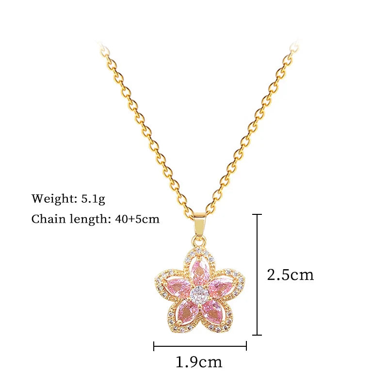 ZAKOL Stainless Steel Chain Luxury Sweet Pink Crystal Flower Necklace Stud Earrings Jewelry Set Accessories Gifts for Women