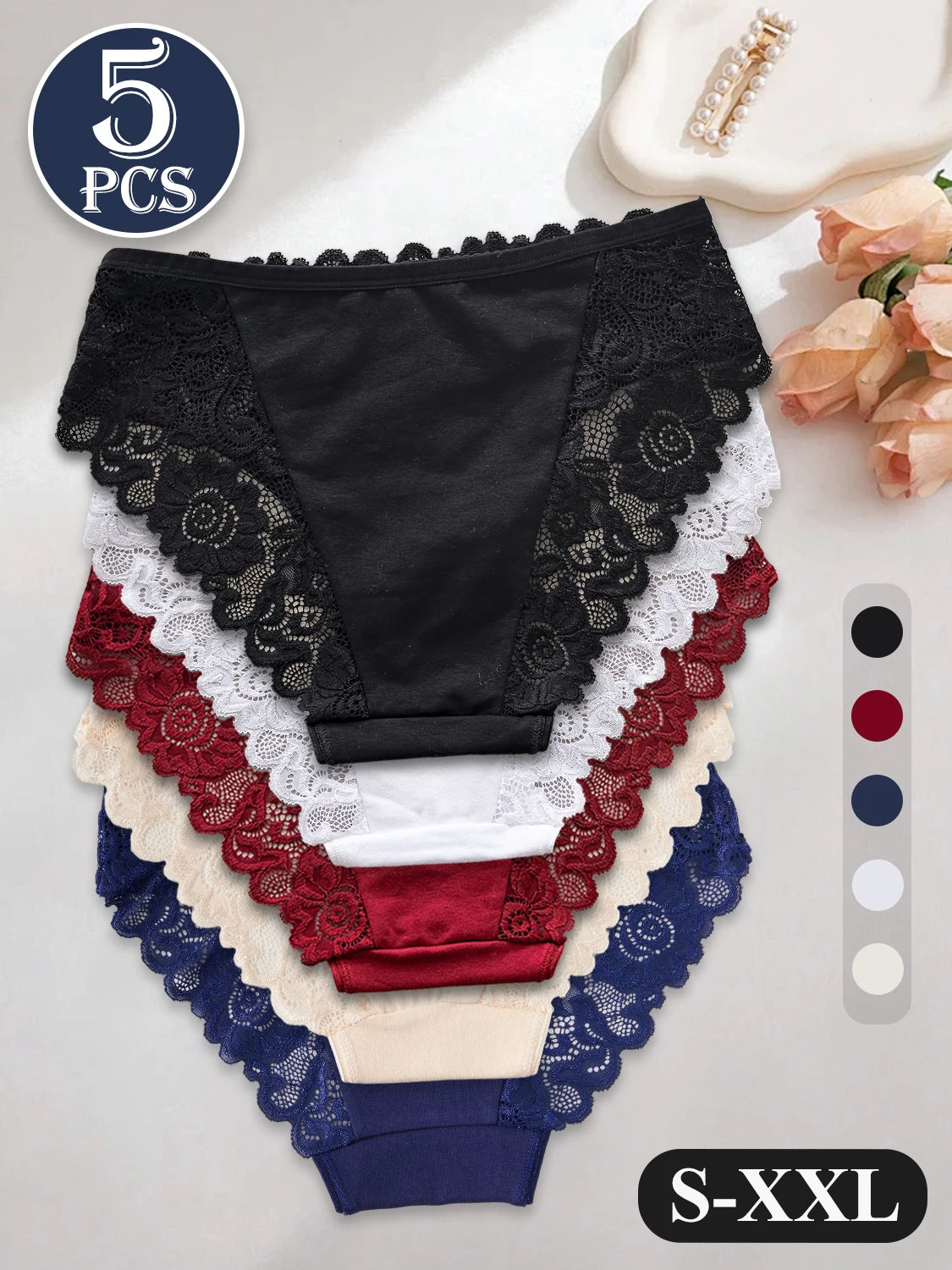 5PCS High End Lace Panties for Women Pure Cotton Crotch Breathable Sexy Briefs Solid Color Mid-Rise Everyday Underwear Lingerie