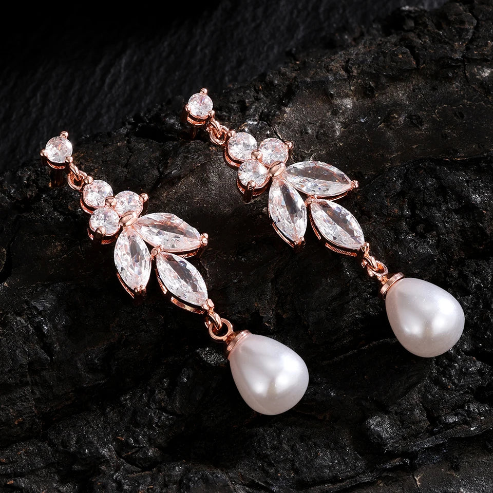 ZAKOL Luxury Teardrop Imitation Pearl Bridal Earring for Women Elegant AAA Cubic Zirconia Earring Wedding Accessories