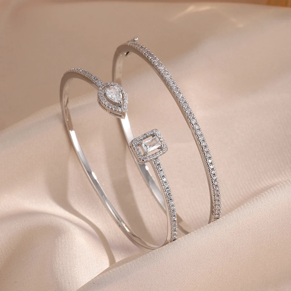 ZAKOL 2pcs/set Classic Geometric AAA Cubic Zirconia Open Bracelet for Women Shiny Crystal Engagement Wedding Party Bangle Set