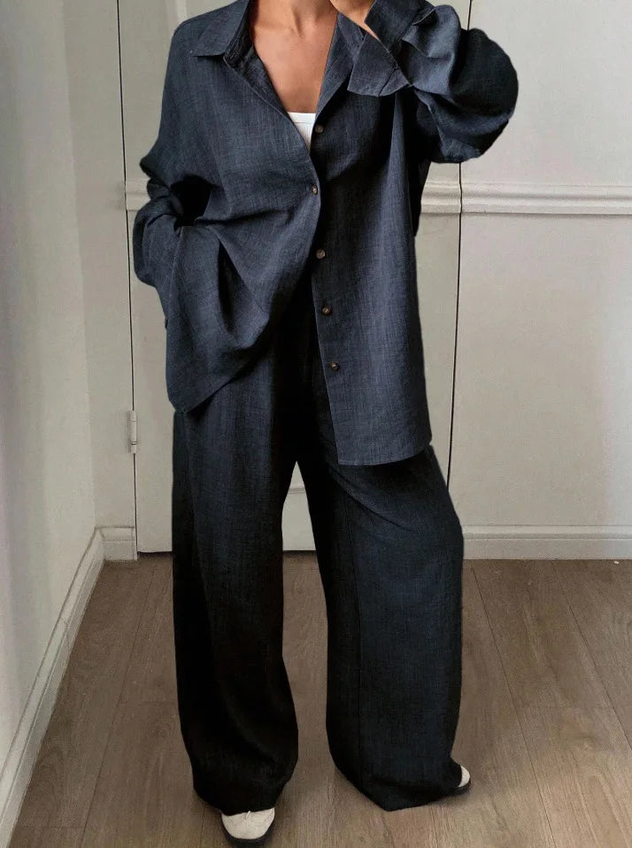 2026 New Women Linen Two Piece Outfit Set Lapel Long Sleeve Button Shirts Elastic Waist Wide Leg Pants Casual Loose Home Suit