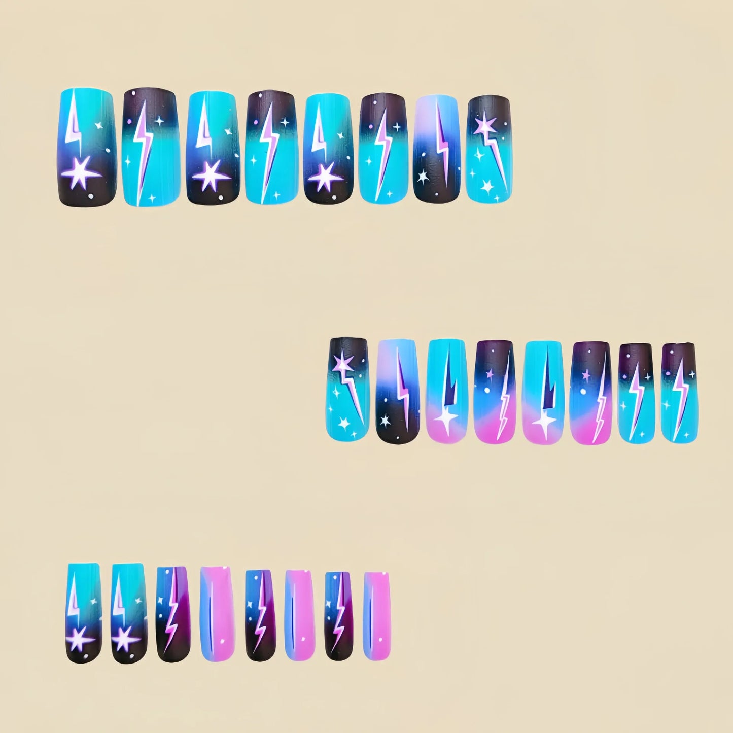 24pcs/set Medium fake nails for women girls gradient green blue cloud star lightning for summer full cover press on false nail
