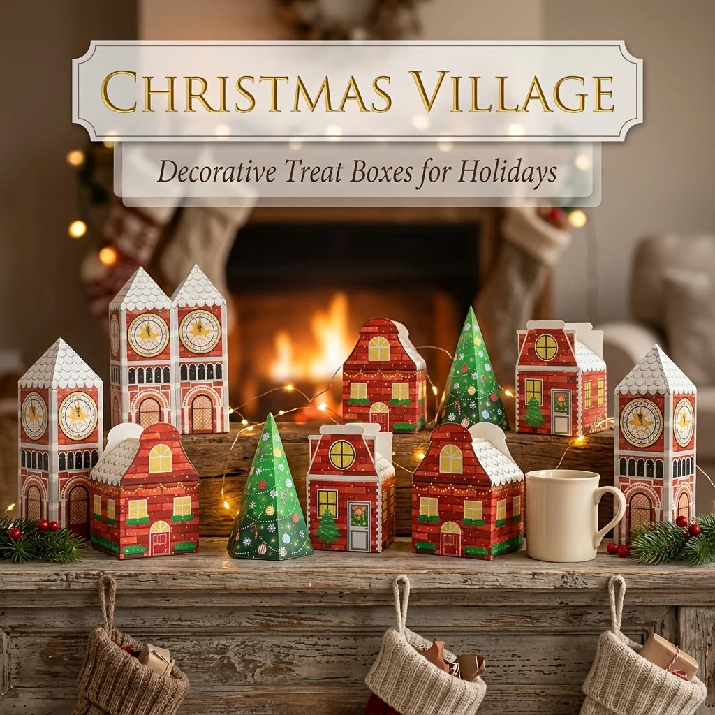 24pcs Christmas Village Paper Gift Boxes, House And Clock Tower Shaped Xmas Decorative Gift Containers,for Christmas Party Decor