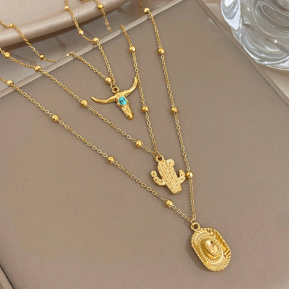 2026 New Style Stainless Steel Cattle Head Cactus Cowboy Hat Pendant Statement Gold Color Multi layer Chain Fashion Jewelry
