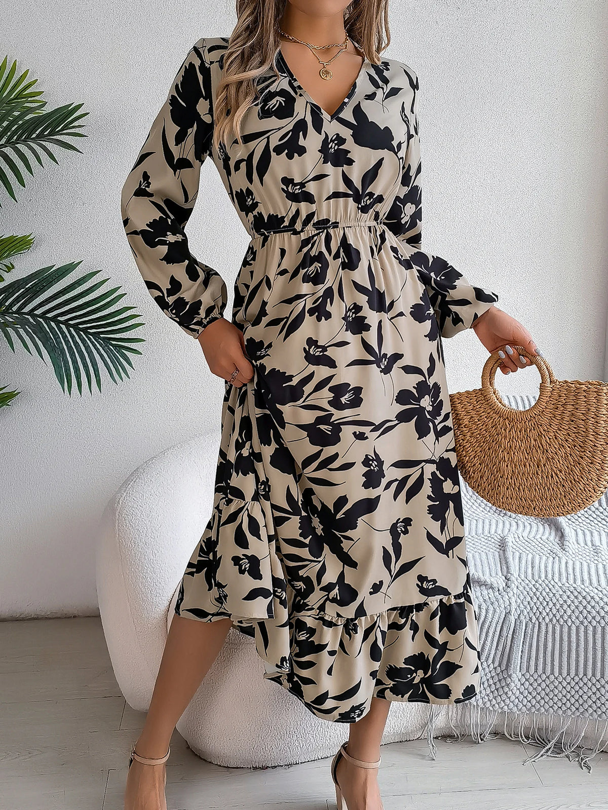 Spring Autumn Elegant V Neck Floral Print Dress 2026 Fashion Lantern Long Sleeve Ruffled Edge Maxi Dresses for Women Streetwear