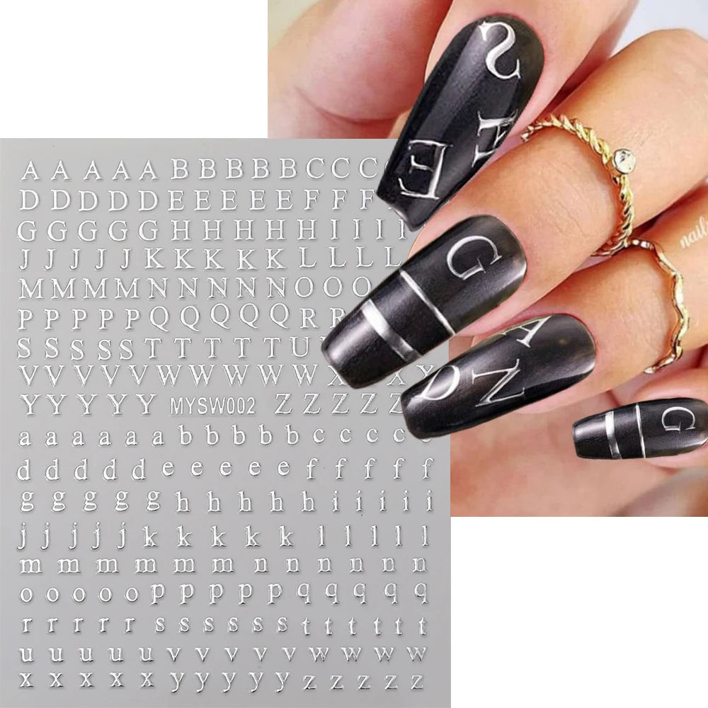 1pc Gold Silver English Letter Nail Sticker Black Laser 3D Alphabet Self Adhesive Decal English Words DIY Slider Manicure Decor