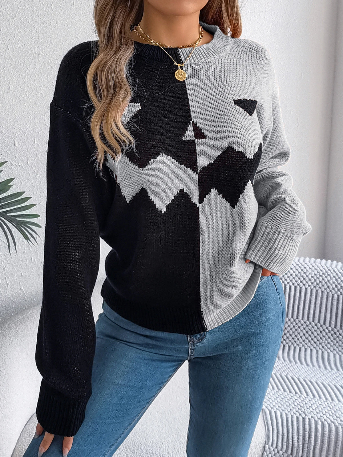 Halloween Women's Contrast Color Pumpkin Pattern Sweaters 2026 Autumn Winter Casual Round Neck Long Sleeve Knitted Pullover