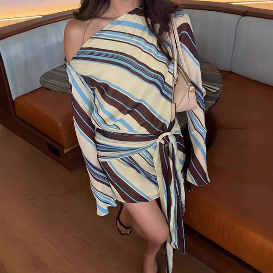 Summer Vacation Women Chic Striped Lace Up Dress Casual High Waist Long Sleeve Mini Dresses 2026 Fashion Lady Beach Daily Gowns