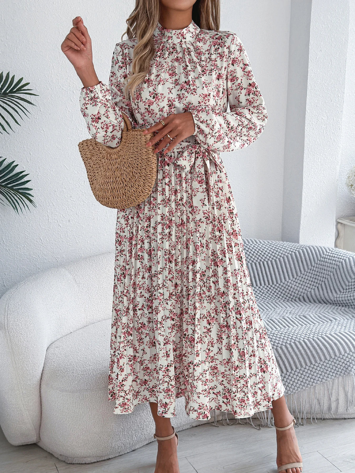Floral Stand Up Collar Bridesmaid Dress 2026 Spring Autumn Elegant Long Sleeve Waist Cinching Pleated Dresses Woman Clothing