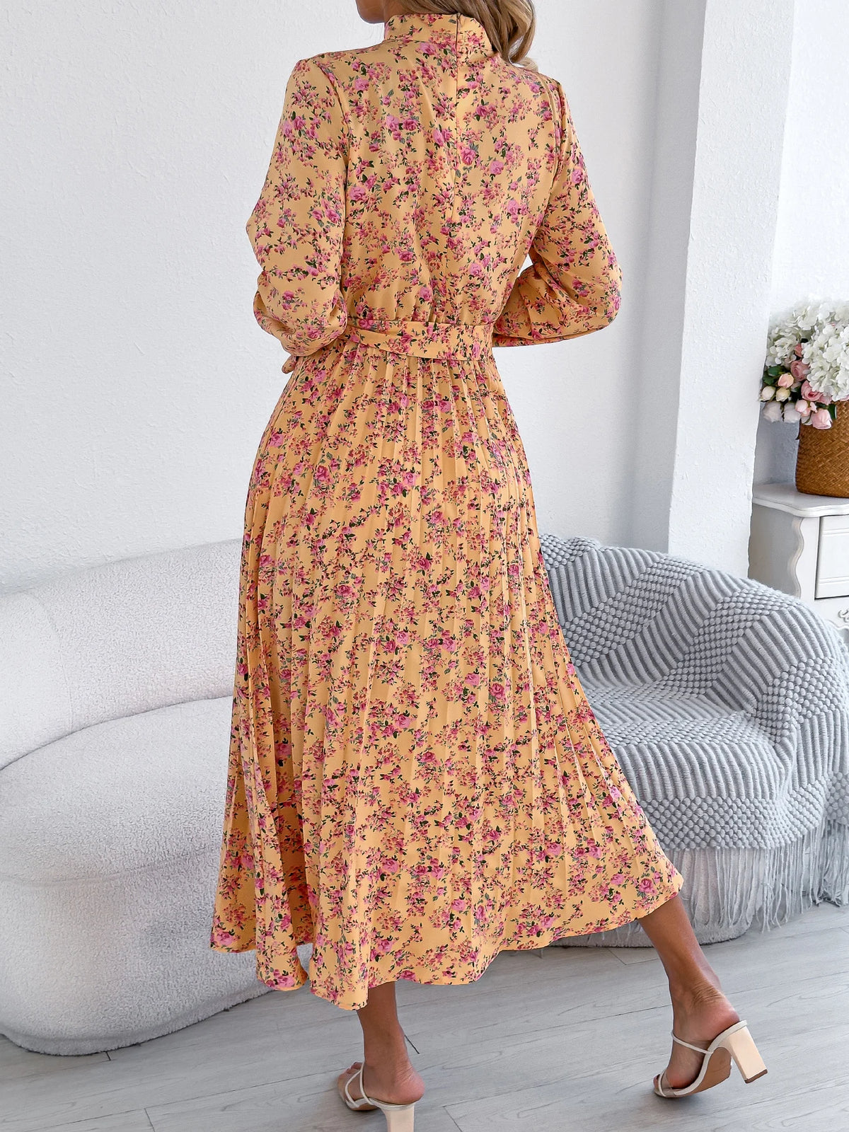 Floral Stand Up Collar Bridesmaid Dress 2026 Spring Autumn Elegant Long Sleeve Waist Cinching Pleated Dresses Woman Clothing