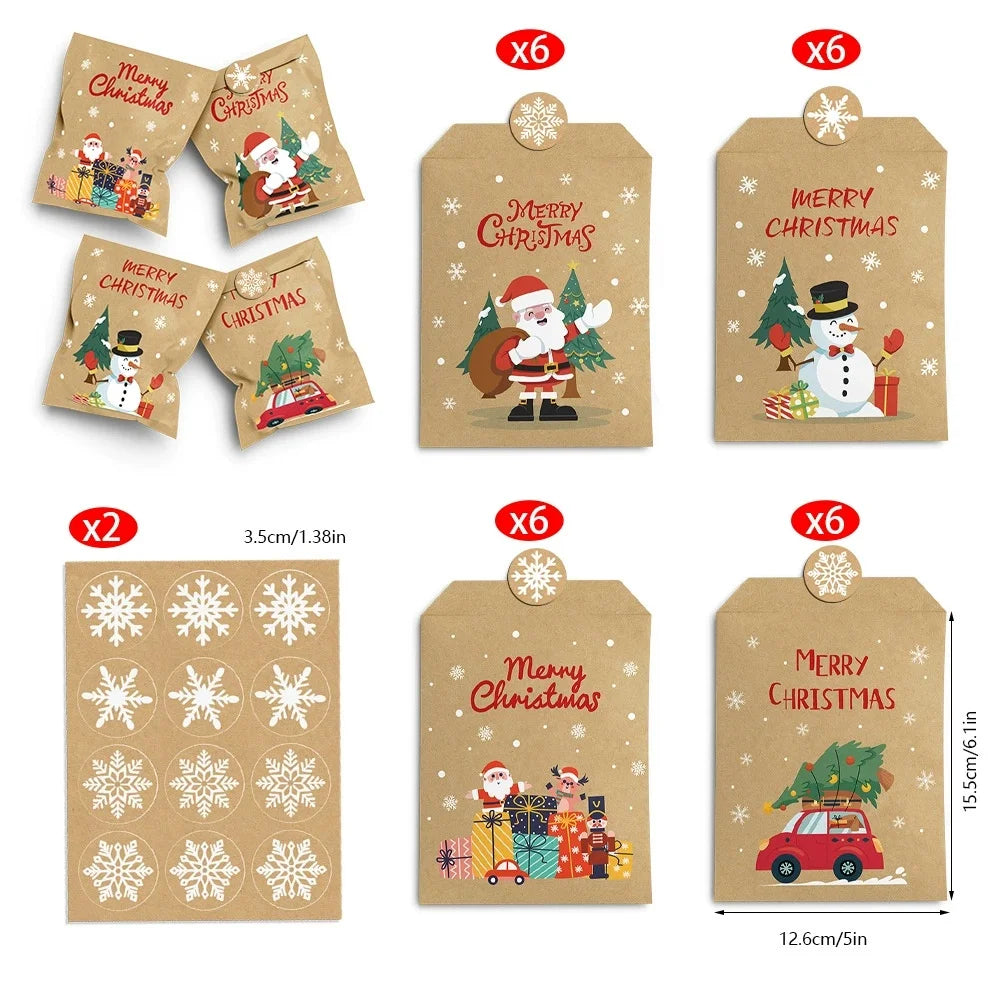 24 Sets Vintage Christmas Kraft Paper Bags Let it Snow Candy Treat Bag with Stickers Advent Calendar Xmas Party Favor Gift Pouch