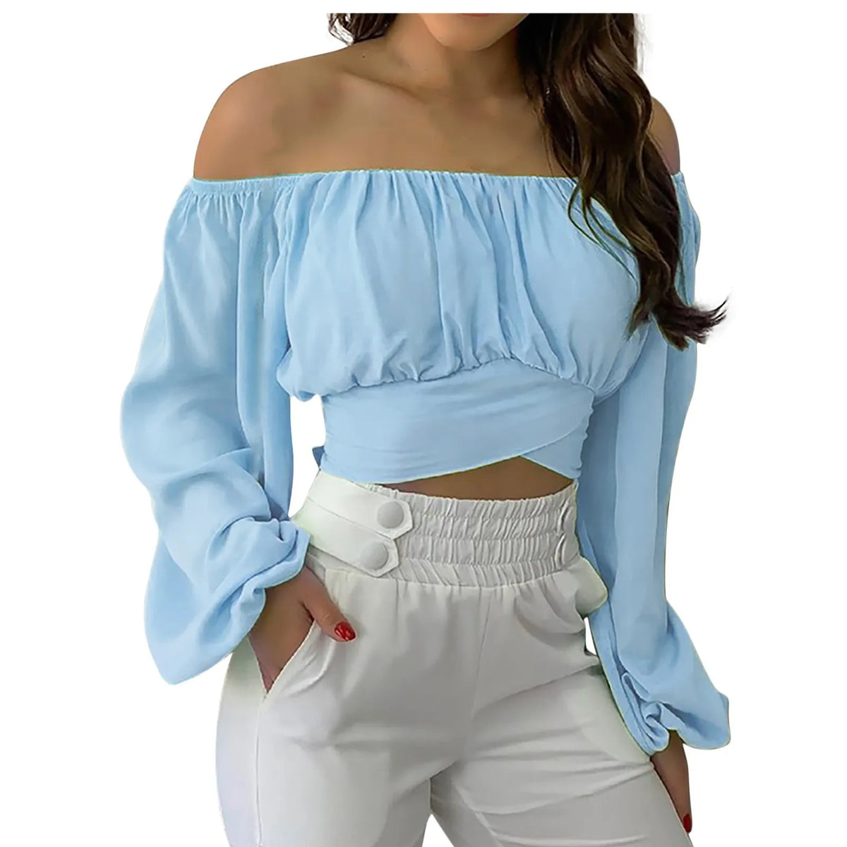 Women Elegant Boho Print Blouse Casual Long Lantern Sleeve Off Shoulder Slim Shirt Female Chic Cropped Top Summer Tunics