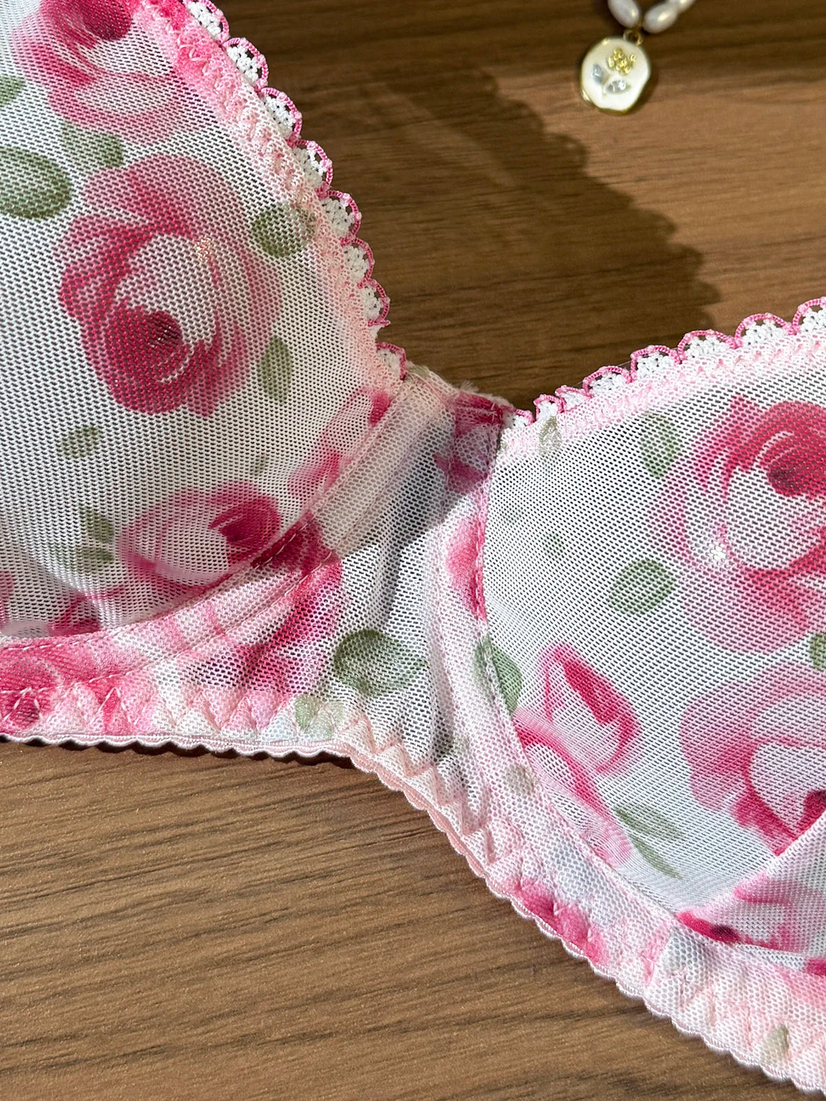 Pink Rose Print Lace Underwear Set French Romantic Style Bra + Briefs Thin Breathable Mesh Sexy Two-Piece Set