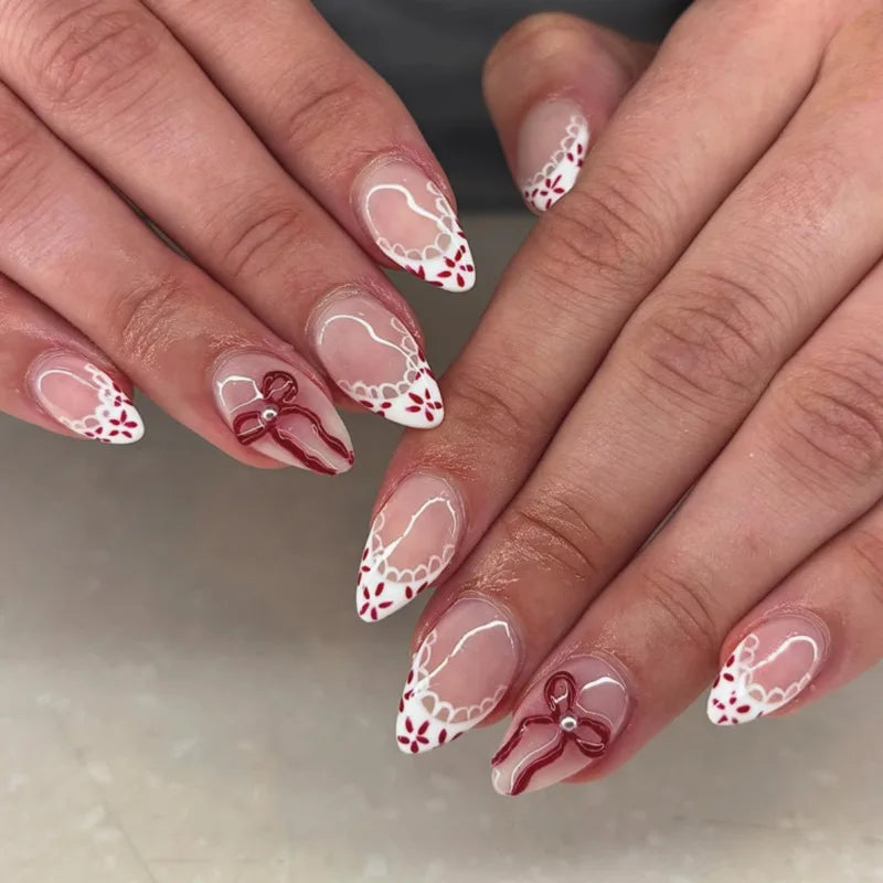 24Pcs Autumn Winter Matte Almond False Nails with Glue Rose Leaf Printing Nail Art Simple Full Cover Press on Acrylic Nails Tips