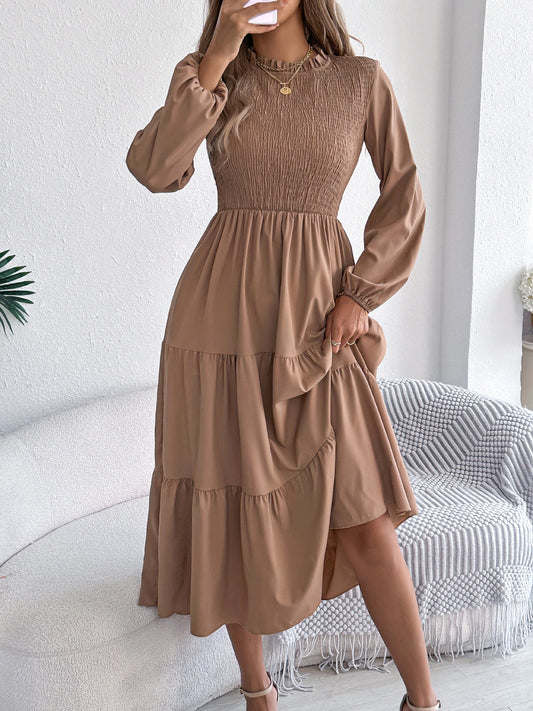 Autumn Winter Elegant Dress for Women Solid Color Round Neck Lantern Long Sleeve Ruffled Dresses Khaki Green Red Woman Clothing
