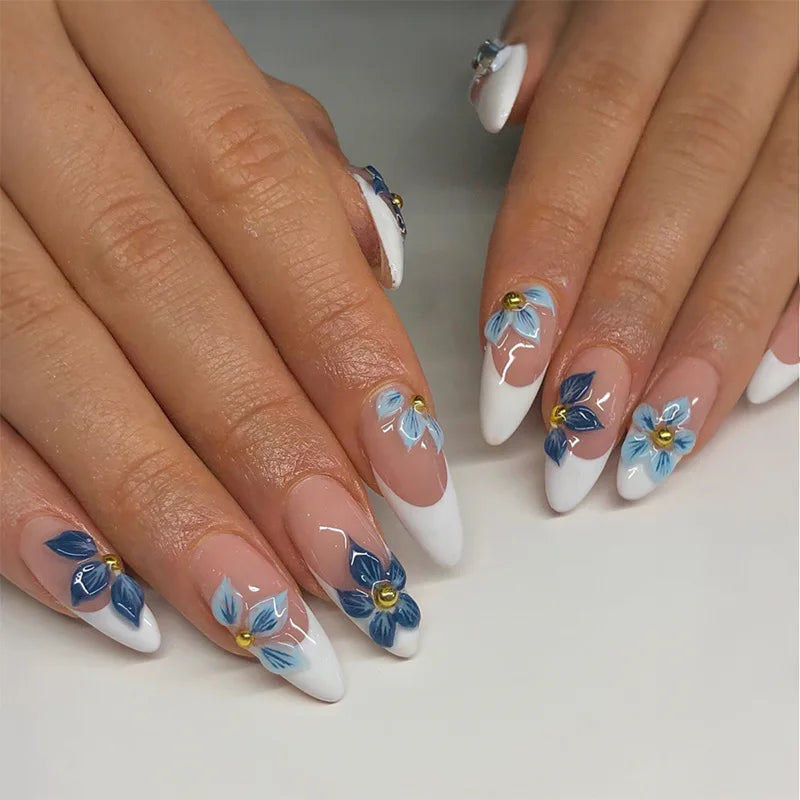 24Pcs Autumn Winter Matte Almond False Nails with Glue Rose Leaf Printing Nail Art Simple Full Cover Press on Acrylic Nails Tips