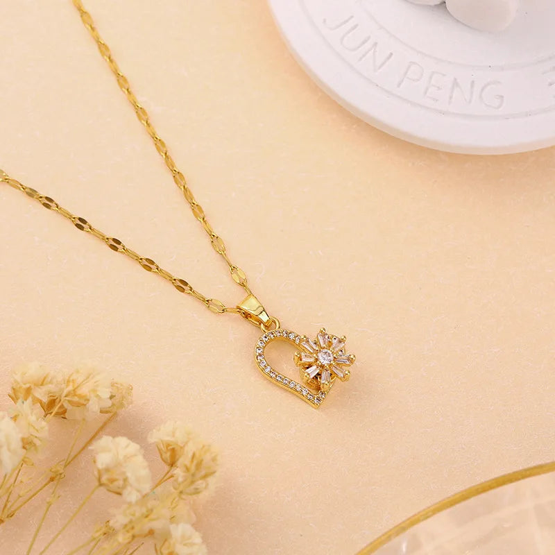 Trendy Rotation Spin Sunflower Stainless Steel Zircon Necklaces For Women Metal Crystal Necklace Party Birthday Gifts Jewelry