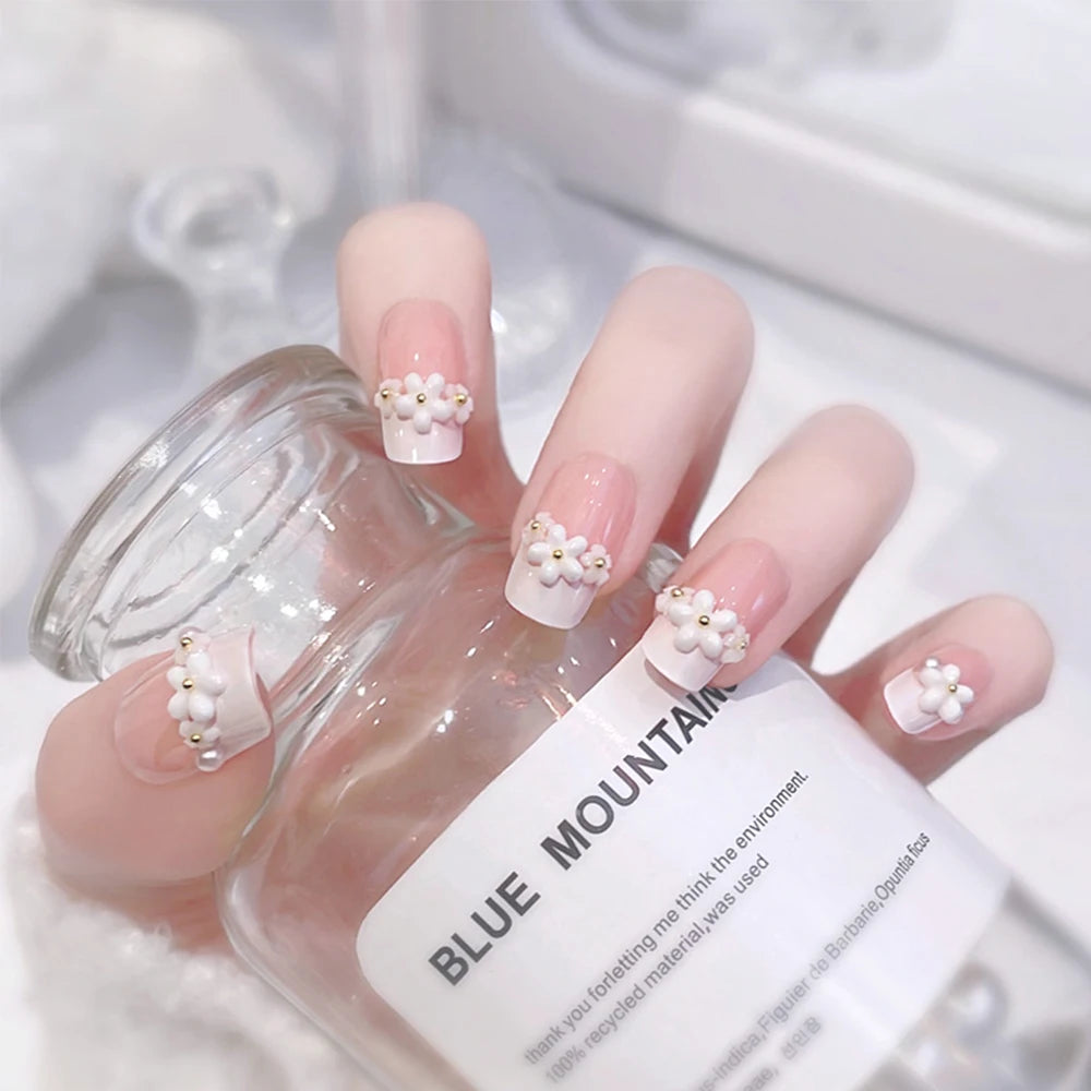 24pcs Medium Long Acrylic Fake Nails 3D Flower Pearl Design Press on Nails Ballerina Full Cover False Nails Tips for Women