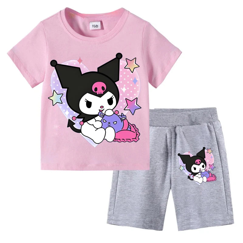 Sanrio Children's T-shirts Set Kuromi Printed Girls Summer Trend Baby