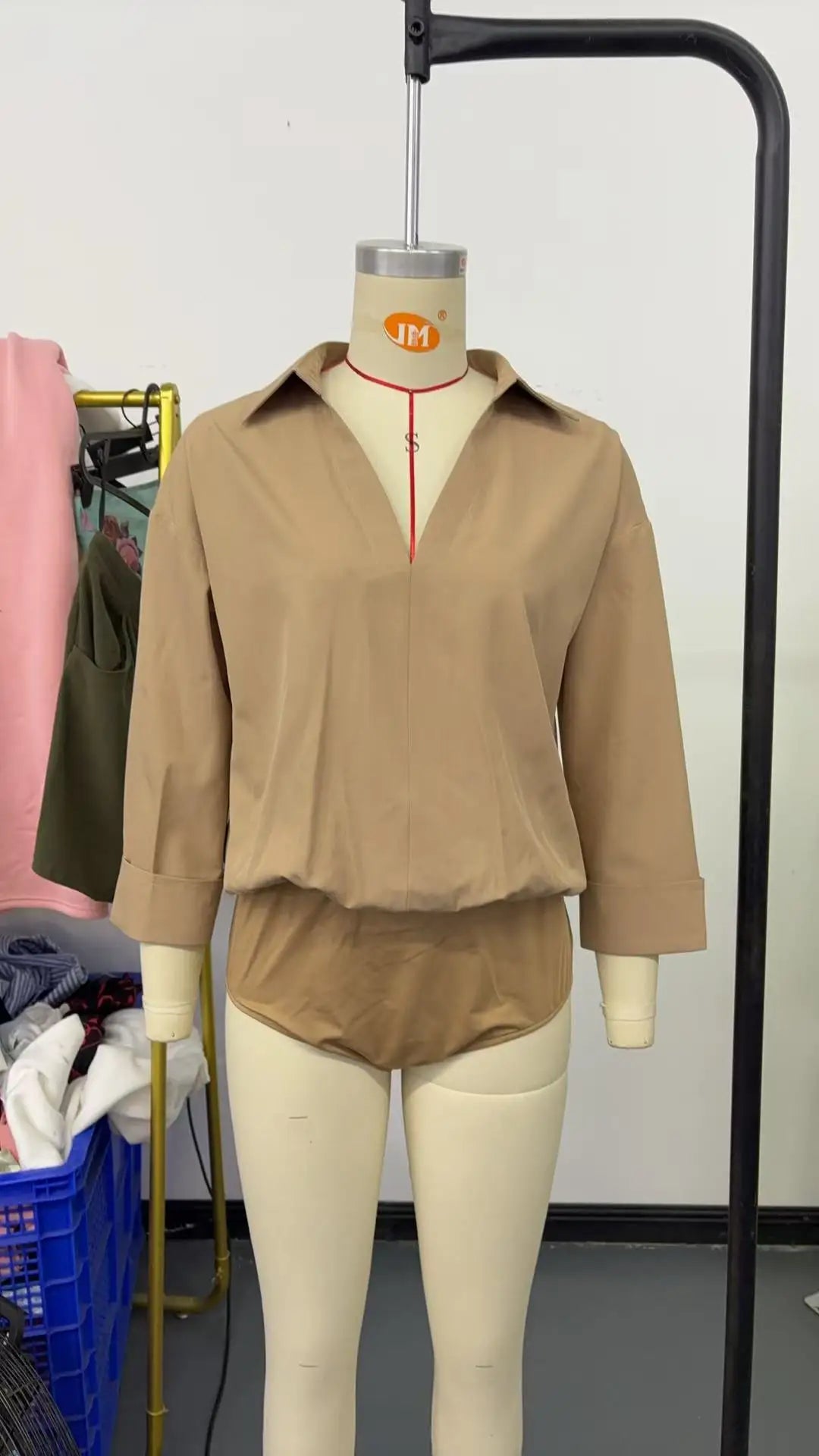 Women Shirt Bodysuit Oversized Boyfriend Half Sleeve Blouse Deep V Collar Bodysuit Shirts Elegant Office Lady Jumpsuit Top