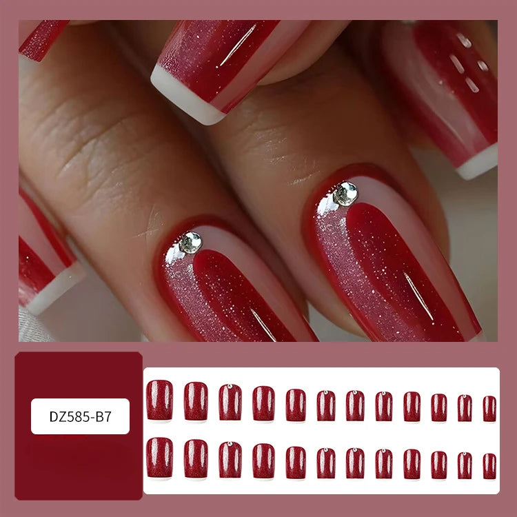 24Pcs Mid-length Fake Nails with Glue Wearable Glitter Press on Nail Detachable French Sweet Butterfly Acrylic Nail Manicure Tip