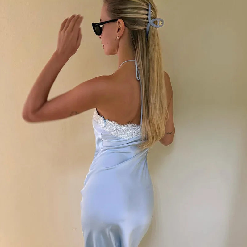 Summer Vacation Sexy Satin Halter Neck Slim Maxi Dress Casual Lace Up High Waist Lace Patchwork Dresses Female Chic Streetwear