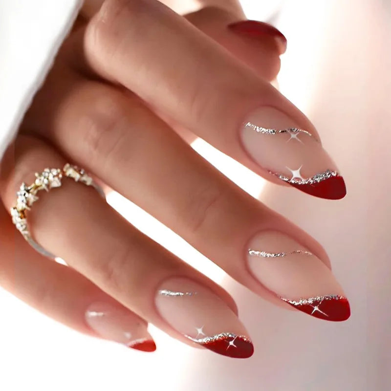 24pcs Black French Tips Almond Fake Nails Detachable Simple Long Press on Nails Rhinestone Design Stick on Finished False Nail