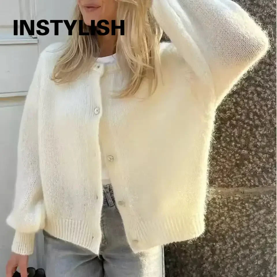 Women Mohair Knit Cardigan O Neck Elegant Lantern Long Sleeve Oversized Loose Fluffy Sweater Coat Autumn Winter Casual Knitwear