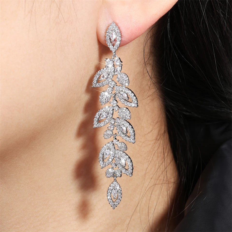 ZAKOL Luxury Shiny Zircon Polish Bridal Wedding Dange Earrings Elegant Marquise Leaf AAA CZ Long Drop Earring Party Jewelry