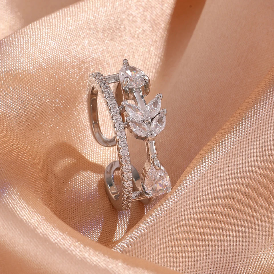 ZAKOL Women Fashion CZ Flower Leaf Open Cuff Bracelet Ring Set Cubic Zirconia Adjustable Bangle Ring Wedding Party Jewelry Set