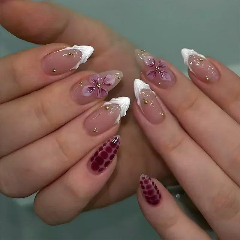 24PCS Pink Almond Press on Nails Full Cover Carved Flower 3D Ripples French Fake Nails for Women with Golden Pearl Wearable Nail